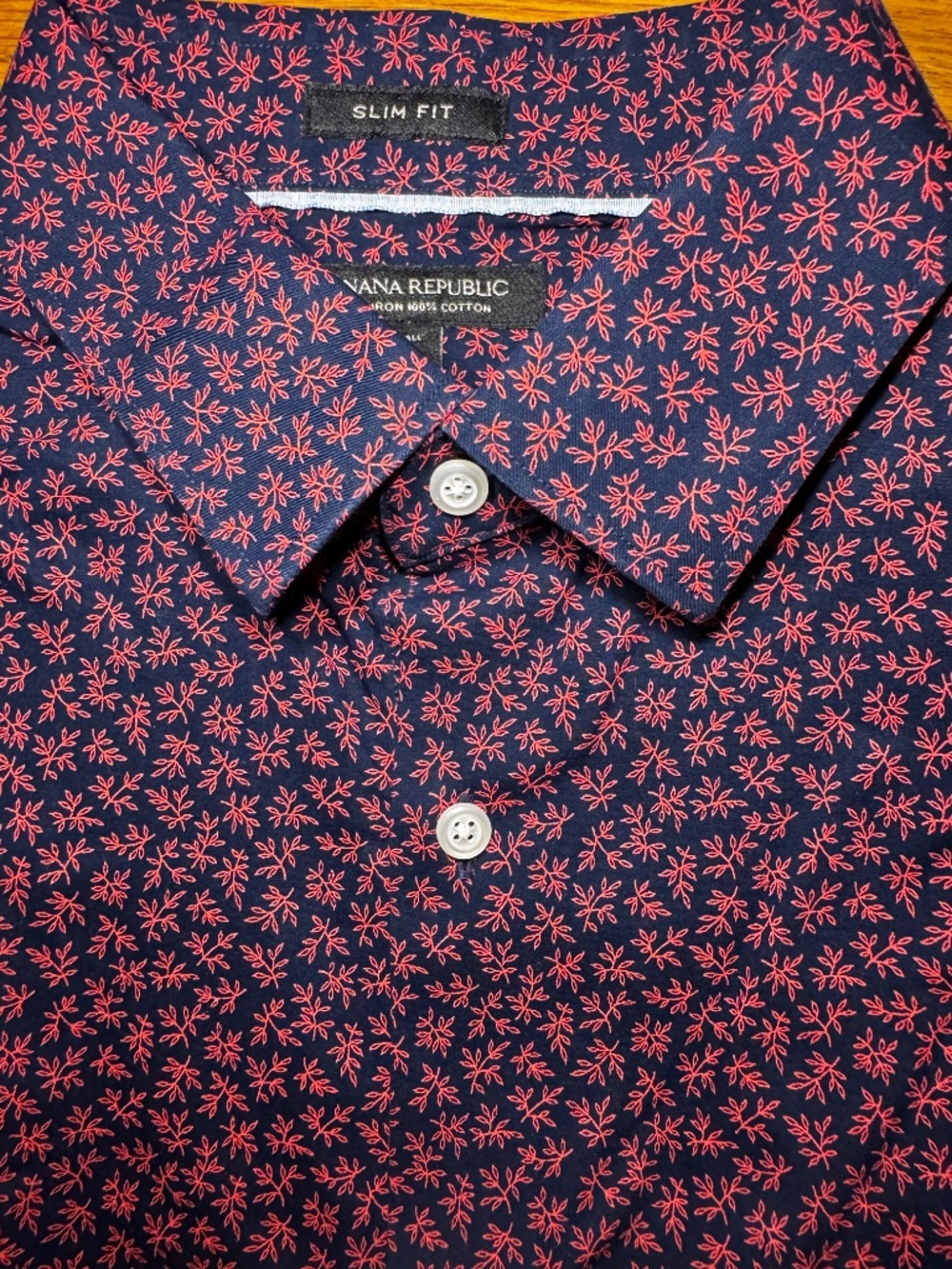 Banana Republic No Iron Slim Fit Dress Shirt Large Tall Navy with Red Leaf